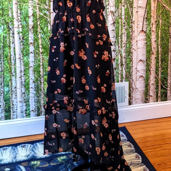 Sheer Dark Floral High Low Maxi Dress w Knee Length Slip - Picture 6 of 9